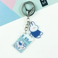 Acrylic Miffy bunny keychain featuring blue clothes charm and picnic scene square tag - Rabbit Picnic Style (Double Buckle No. 22)