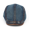 Dettaglio del berretto in denim blu con visiera in pelle marrone e cuciture arancioni - Regolabile / Blu scuro