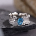 S925 sterling silver open ring with pear-shaped blue gemstone and white diamonds - Topaz Pear Irregular Style (LR243)