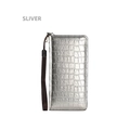 Silver long wallet with crocodile pattern texture, zip closure and wrist strap - Silver