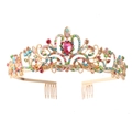 Detail view of a gold bridal crown with colorful crystals and built-in metal side hair combs - Multicolor Opal-look