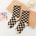 Classic black and beige checkerboard cotton mid-calf socks with elastic ribbed cuffs - One Size / Khaki