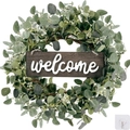 Artificial eucalyptus wreath with wood welcome sign and clear hook for home decor - RFW23007-Eucalyptus Welcome Sign With Hook