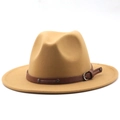 Close-up of camel wool fedora hat featuring a brown leather belt with silver buckle - Camel