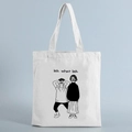 White canvas tote bag for women featuring black line art print and look what look text - STD239-A/Expression Letter