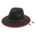 Klassischer schwarzer Wollfedora mit rotem Rand und dekorativem Lederband mit Perlen - M (56-58cm) / Schwarz