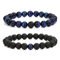 Detailed close-up of 8mm blue tiger eye and black volcanic stone beaded bracelet set - Two-Piece Set / Blue Tiger Eye & Lava Stone