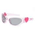 Pink heart-shaped Y2K sunglasses with grey lenses shown at a 45-degree angle - Translucent Pink Frame Light Gray Lens