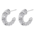 Detail view of silver C-shaped earrings with spiral texture and crystal micro-pave setting - Zirconia Bead C-Shape / Silver Twist Beads