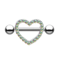 Detailed view of silver heart nipple ring with colorful AB zircons on white background - Steel Color Heart AB Rhinestone Style (1994 Steel AB)