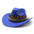 Close-up of royal blue wool cowboy hat featuring brown feathers and silver skull details - Blue