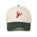 Detailed view of red lobster embroidery on two-tone cotton baseball cap with green visor - Army Green