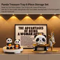 6-piece cute panda figurine set with gold ingot, storage tray and wooden key rack decor - Panda Yuanbao Storage 6-Piece Set A