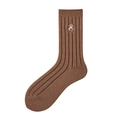 Brown ribbed crew socks for women featuring a cute teddy bear embroidery detail - One Size / Dark Coffee