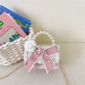 Pink and white tweed girls' crossbody bag with pearl handle and bow accent - White Bow