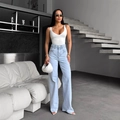 Slim fit white V-neck top paired with light blue high waist wide leg flared jeans - S / Light Blue