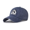 Detail of navy blue washed cotton baseball cap with intricate cat face embroidery patch - Navy Blue (Cat Embroidery)