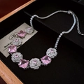 Detail of pink square gemstone necklace with sparkling crystal rose floral links - Silver Pink Zircon Flower Necklace (3#)