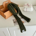 Deep moss green narrow knit wool scarf with ribbed texture and white minimalist label - Army Green