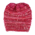 Detailed view of magenta and white mixed knit texture and ribbed hem on the beanie - Rose Pink Red
