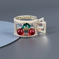 Pince à cheveux dorée avec cerises en rubis, perles et strass pour queues de cheval hautes - Cerise Perle Artificielle + Strass / Or