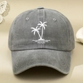 Close-up of white coconut tree embroidery on dark grey washed cotton baseball cap - One Size / Gray