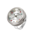 Silver ring watch with colorful rhinestones and adjustable metal band for women - Round Colorful Rhinestone / Pearl White