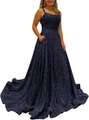 Sparkly navy blue sequin ball gown with thin straps and practical side pockets - US size 2 (S) / Bottoms / Navy Blue