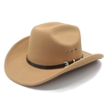 Classic camel wide brim western cowboy hat with black belt and metal buckle side view - M (56-58cm) / Camel