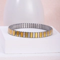 Elastic stainless steel bracelet with alternating gold and silver rectangular metal links - k0503-Two-tone Slim 7mm