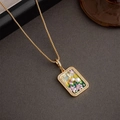 Baroque pearl necklace featuring a rectangular enamel flower pendant with gold accents - 18K Gold Square Freshwater Pearl Enamel Zircon Flower Necklace