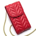 Red quilted leather crossbody phone bag with gold chain strap and elegant flap closure - Red