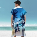 Microfiber hooded beach poncho featuring a blue gradient design and coconut tree prints - Pullover Style - Island Holiday
