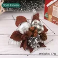 Christmas decoration branch with pine cones, silver leaves, and rustic fabric petals - Style 11