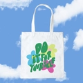 White canvas tote bag with Do It For Yourself floral print and green text design - Do It For Yourself / Blue Floral