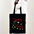 Black Merry Christmas canvas tote bag with festive hand-drawn colorful prints - Style 20-Colorful Doodle Christmas