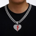 Collana Cuban link hip hop in argento con ciondolo a cuore e fulmine rosso vivace - Ciondolo Argento con Catena Cubana