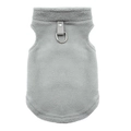 Detail of light gray fleece pet vest with metal D-ring and durable leather buckle - S / Gray