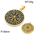 Pendentif boussole Viking vintage en acier inoxydable doré avec runes noires, taille 38mm - Style Boussole Viking Rond Noir Or (不含链KP120062-MZOZ) / Doré