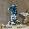 Creative ocean-themed number 1 birthday candle with blue glitter, starfish and shell - Number 1