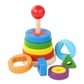 Rainbow stacking tower toy with colorful macaron wooden blocks and a red ball top - Star-Shaped Rainbow Tower