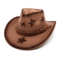 Dark brown wool felt western cowboy hat with vintage star print and buckled hatband - M(56-58cm) / Khaki