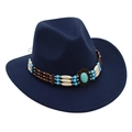 Detail of wool felt cowboy hat featuring ethnic bead band and large turquoise stone accent - One Size / Navy Blue Cowboy (Bead Band)