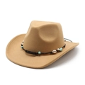 Close-up of khaki cowboy hat with black braided rope, turquoise beads and shell detail - M (56-58cm) / Camel