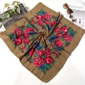 Vintage floral print square scarf in caramel brown cotton-linen with ethnic patterns - 70x70cm / Tan