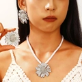 Boho daisy jewelry set with silver flower pendant and white braided rope necklace - Silver Flower Jewelry Set