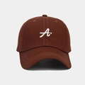 Detailed close-up of white 3D letter A embroidery on a dark brown cotton baseball cap - Adjustable / Coffee
