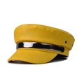 Detail of yellow PU leather baker boy hat showing textured finish and metal M letter - Yellow