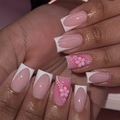 French style white press-on nails with 3D pink flowers and square-oval nail tips - Pink White French 3D Flower Style (JP3892)