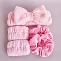 Pink plush spa headband set with bow, wristbands and velvet scrunchies for skincare - Pink Washing Set (5-Piece Set)